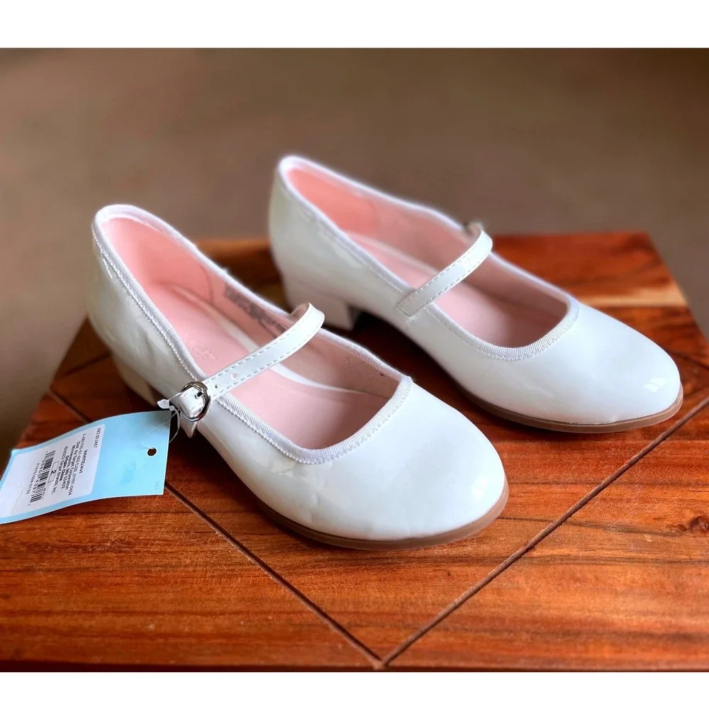 Cat & Jack Girls White Patent Mary Jane Block Heel Dress Shoes Size 2 NEW